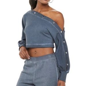 Jennifer Lopez Blue Snap Off Shoulder Sweatshirt